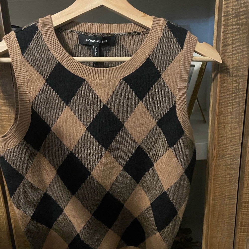 Sweater Vest Plaid BCBGMaxAzria Carmel Black